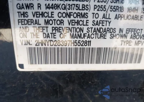 2007 Acura Mdx Technology Package z USA, uszkodzony, nr VIN 2HNYD28397H552811